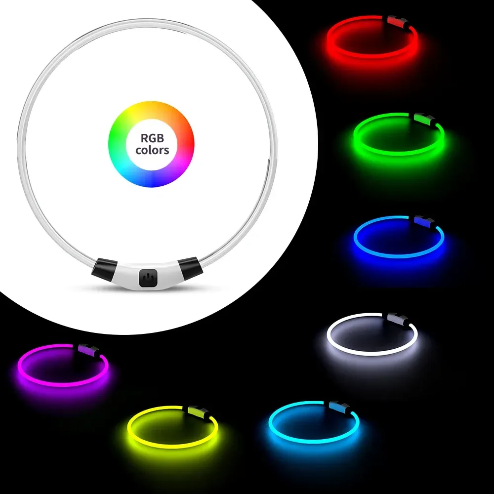 RGB LED dog collar shown in seven glow colors