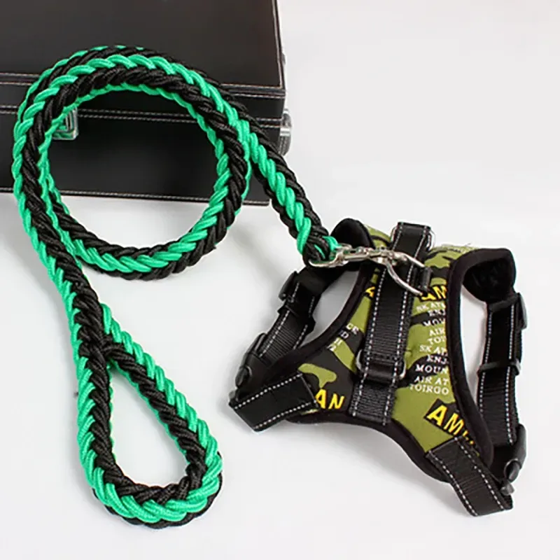 camouflage print dog harness with green braided leash