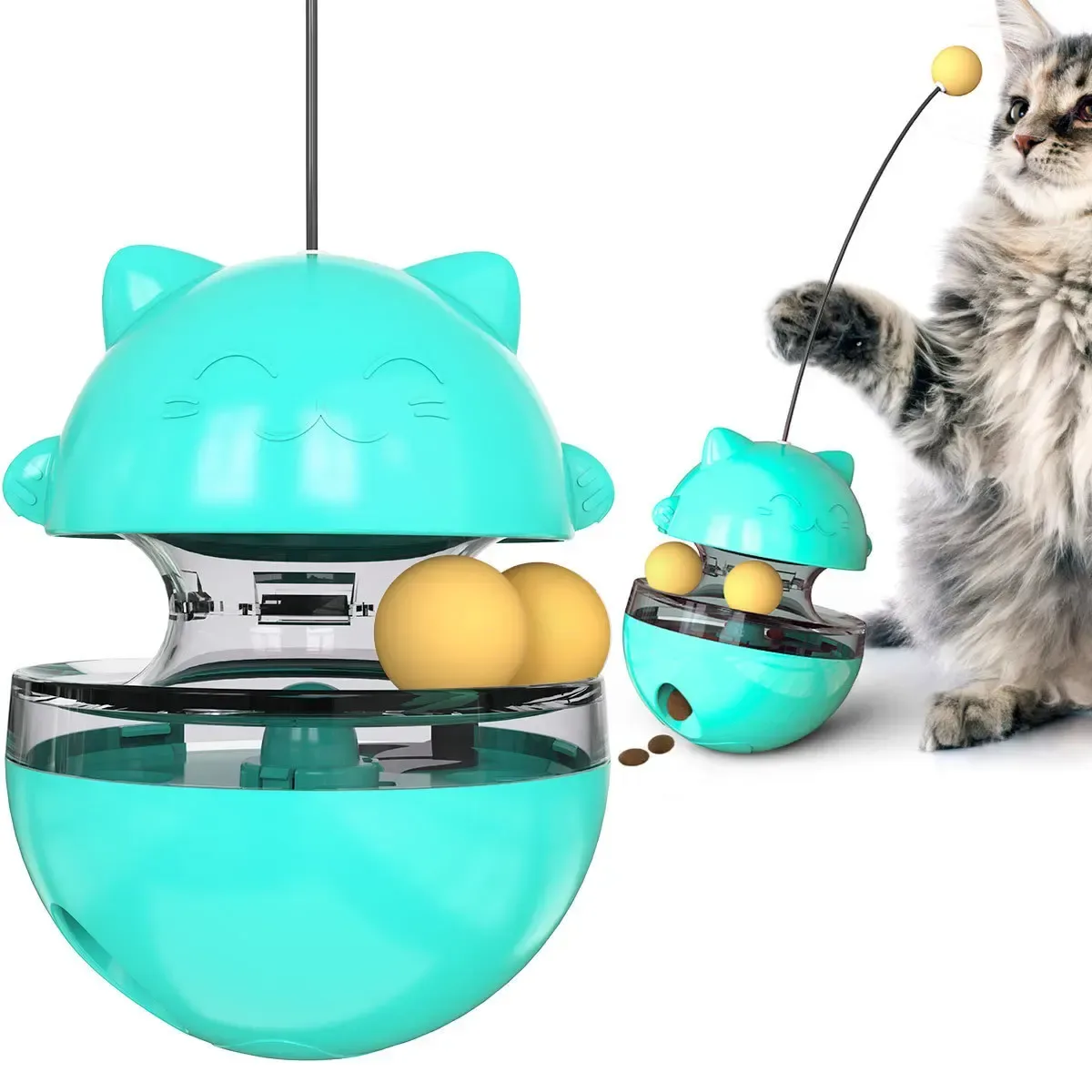 primo piano delle palline rotanti del gioco dispenser per gatti