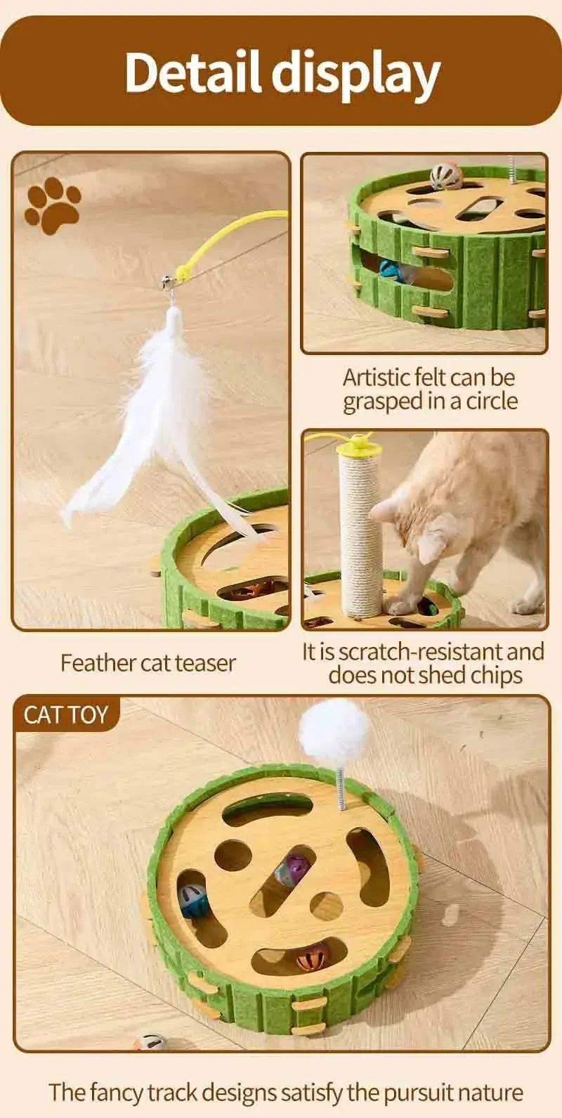detalles del circuito de bolas para gatos de fieltro con varillas y poste rascador