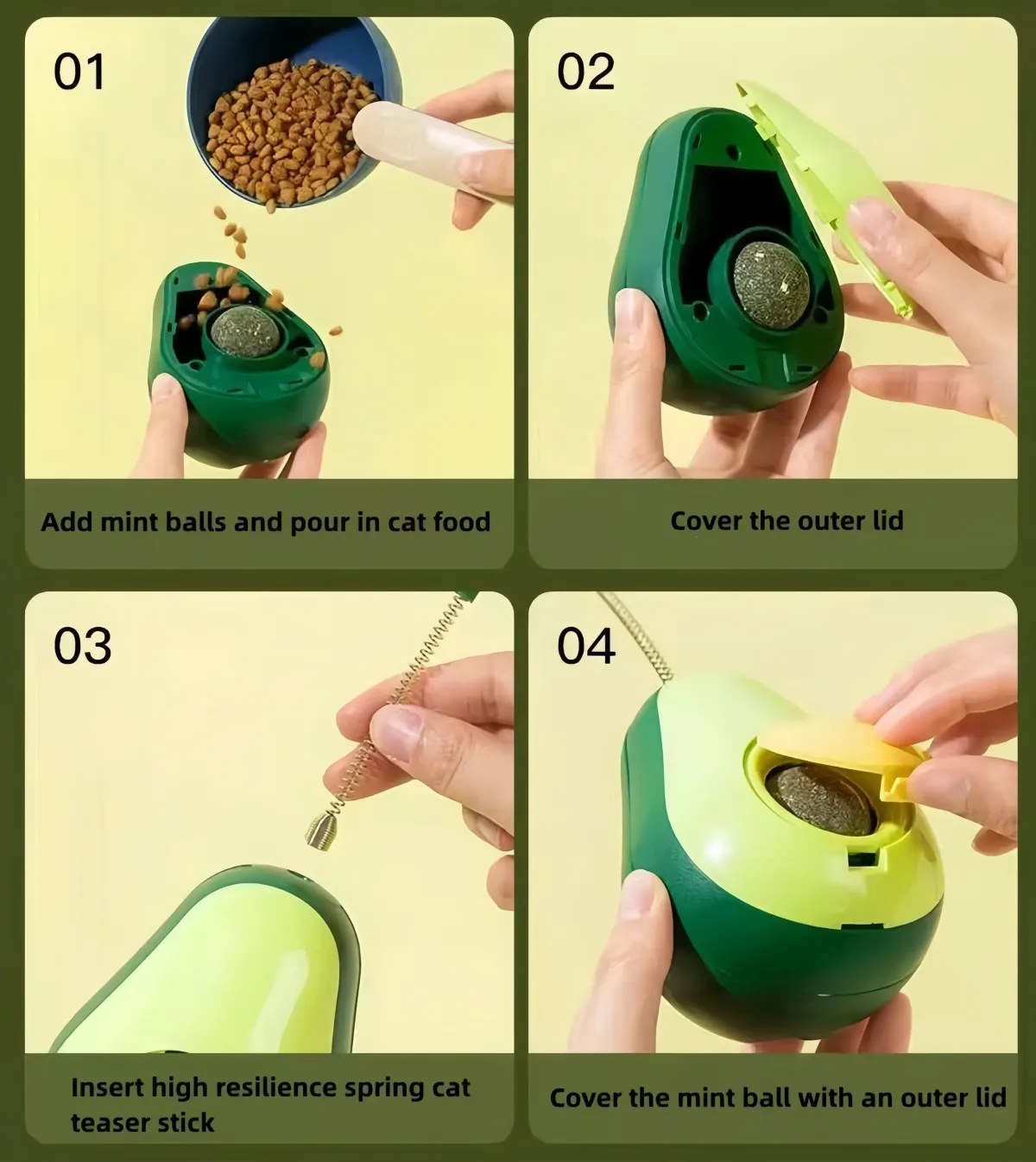 les quatre étapes de mise en place du jouet avocat pour chat