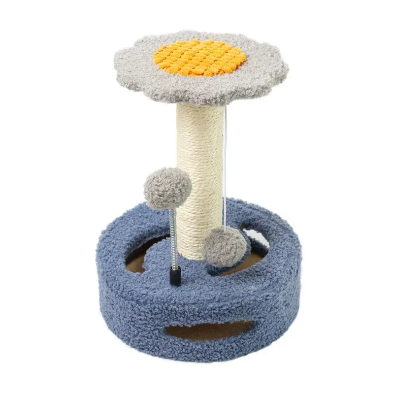 blue flower scratching post with sisal post and pom poms