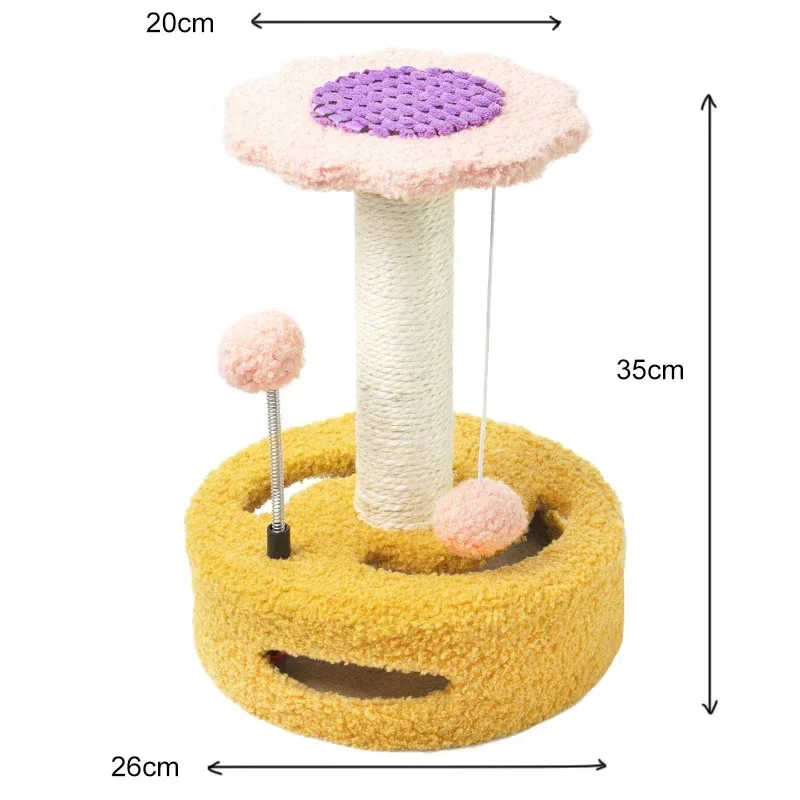 yellow scratching post with pink plush flower top