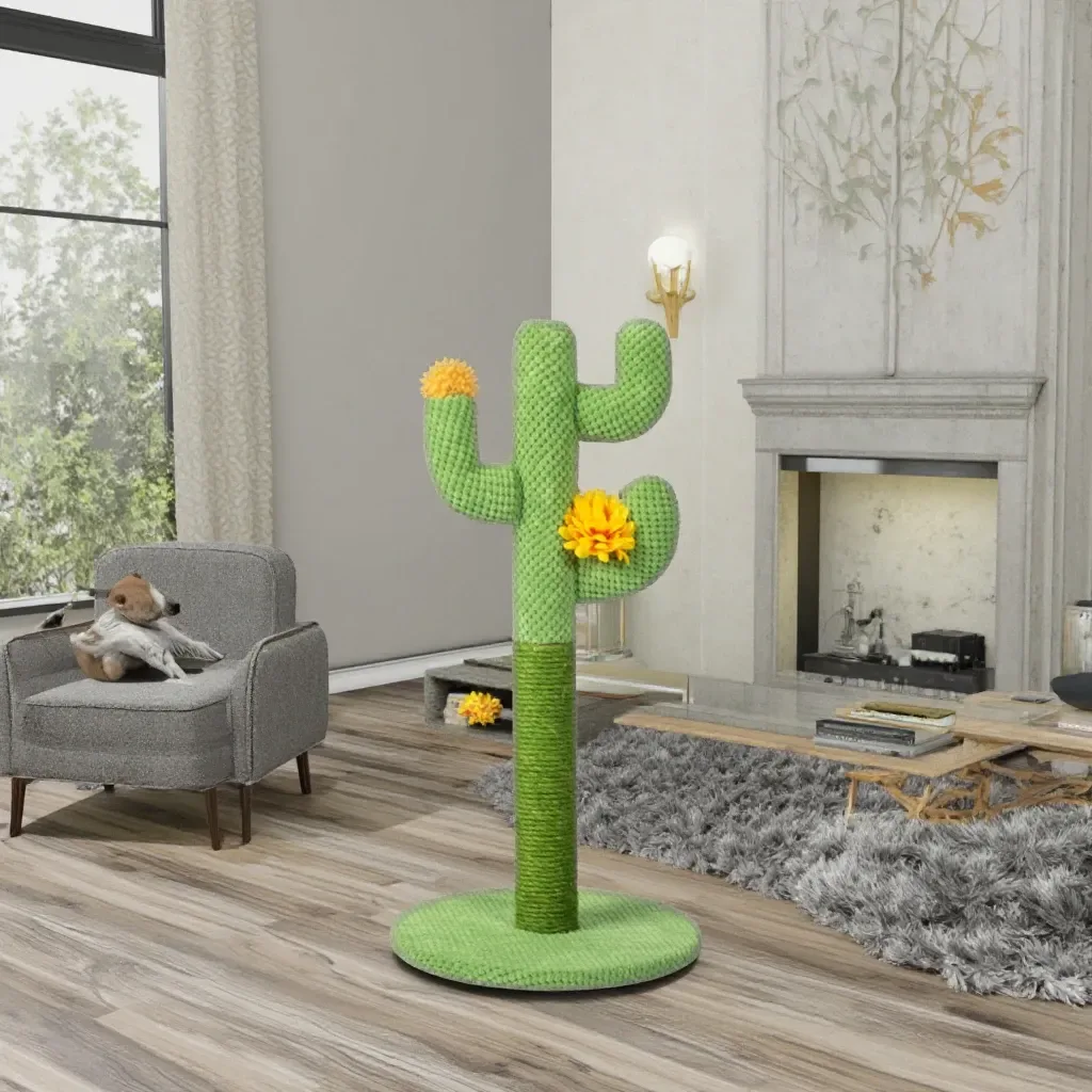 cactus scratching post beside an armchair
