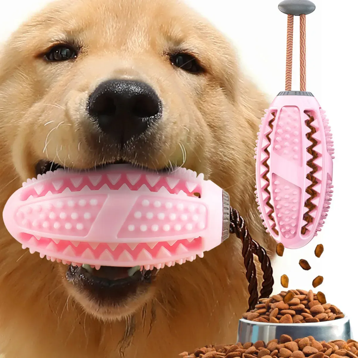 kibble falling from the rugby chew toy