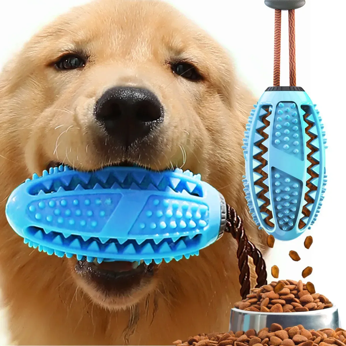 rugby chew toy with ridges and nubs in a dog's mouth