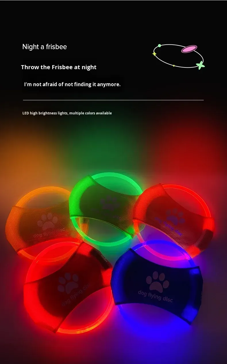 LED dog flying discs glowing in five colors in the dark