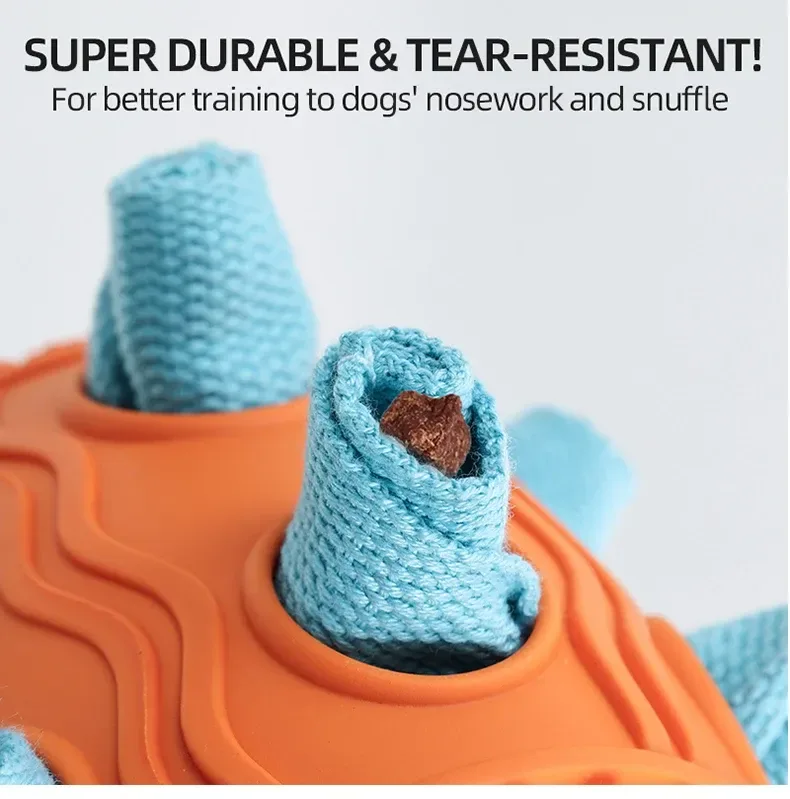 close up of a filled fabric pocket in the snuffle ball