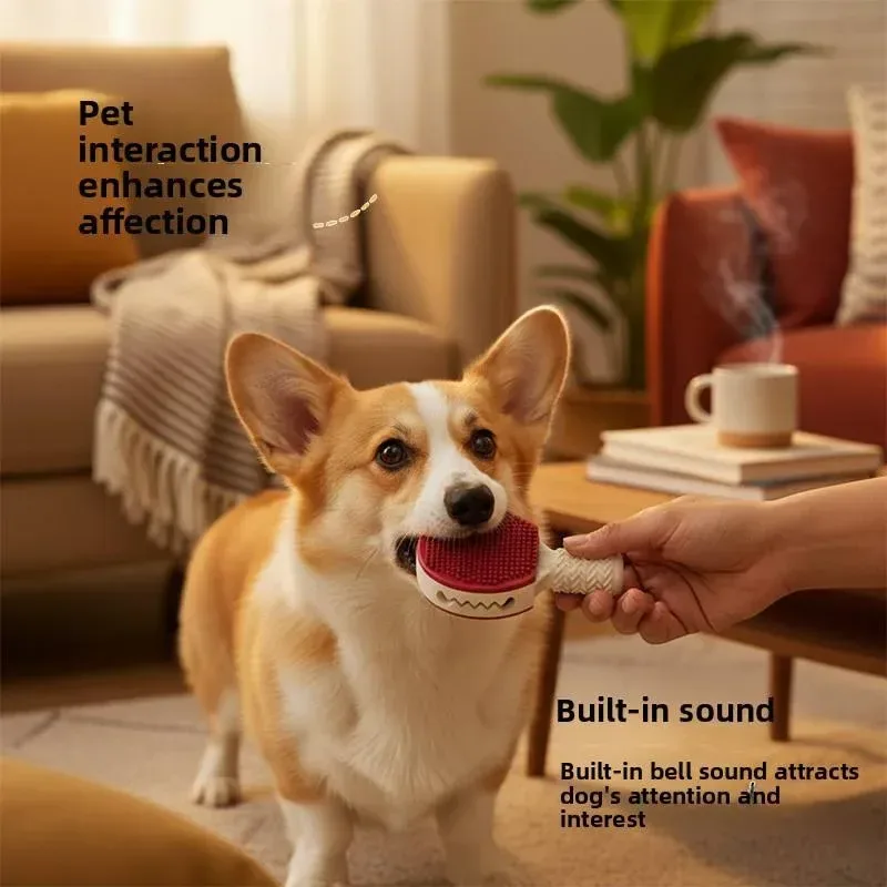 corgi playing with the racket style dog chew toy