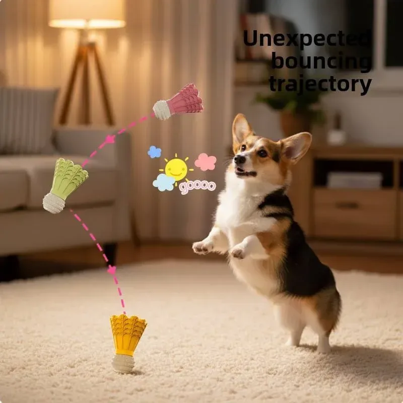 dog chasing a bouncing shuttlecock toy