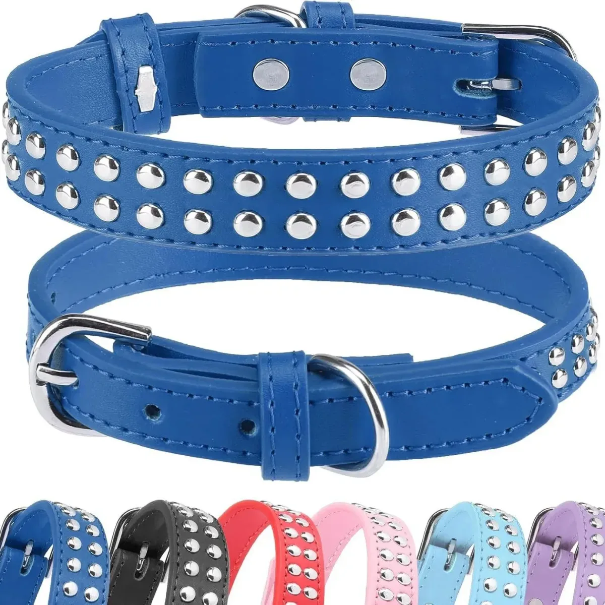 double row of round rivets on the dark blue studded dog collar