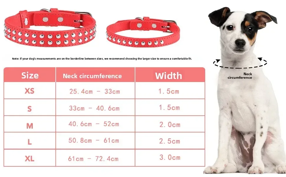size chart for the studded dog collar, XS to XL neck circumference and width