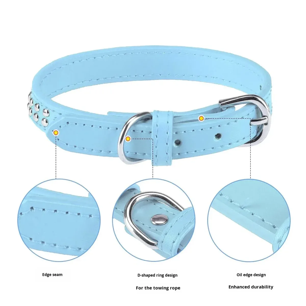 stitched edge, D ring and finished edge of the studded dog collar
