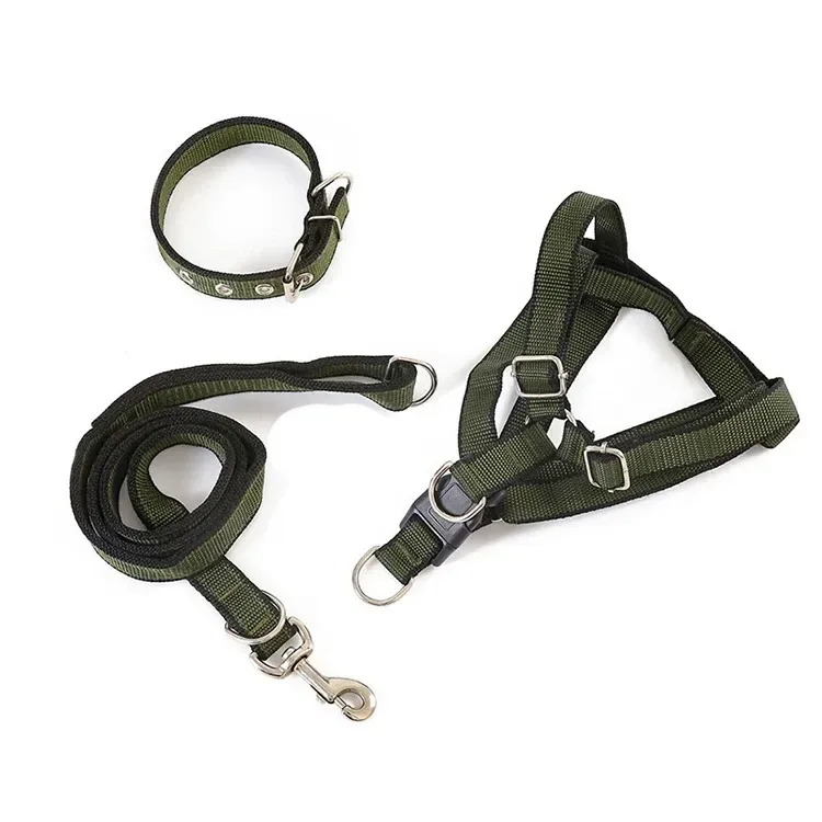 the three pieces of the army green dog harness, collar and leash set