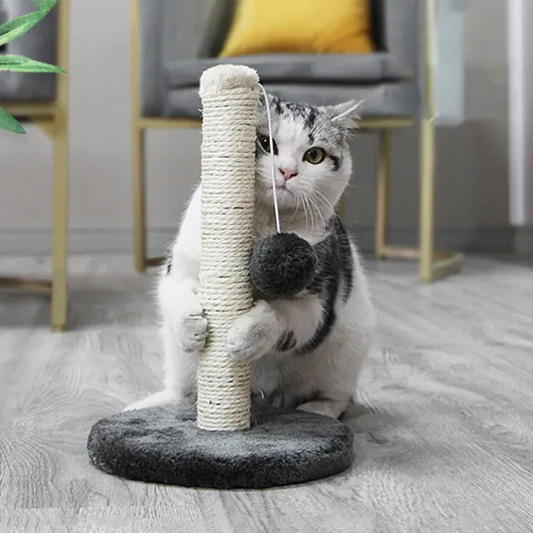cat scratching the sisal post while playing with the ball