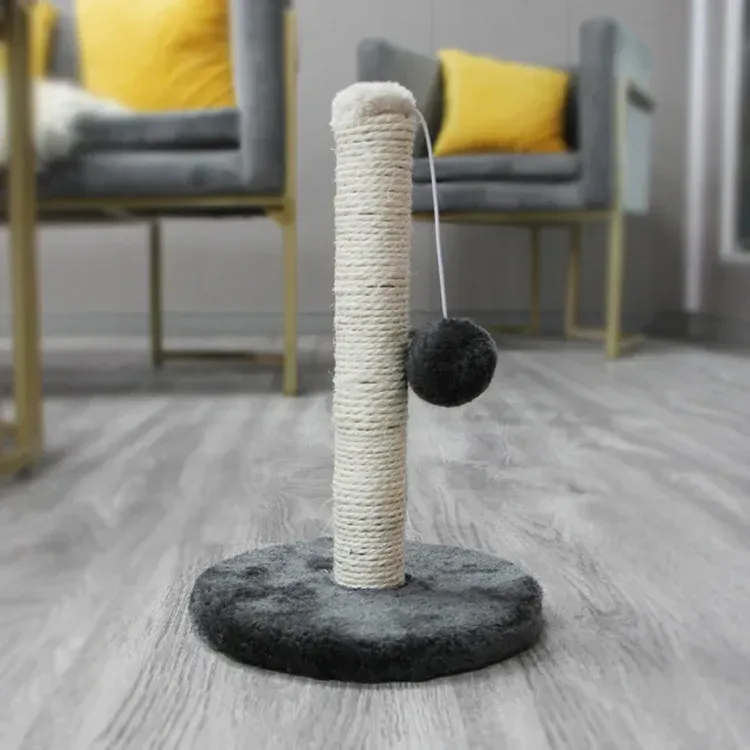 sisal scratching post on a round plush base