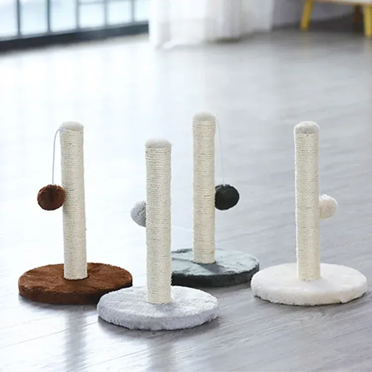 four sisal scratching posts in different colours