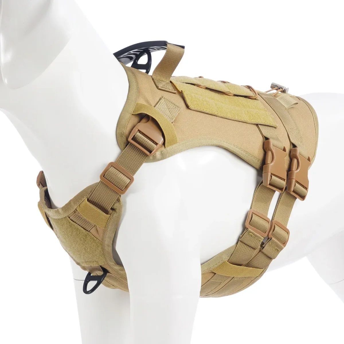 coyote tan tactical dog harness fitted on a dog model