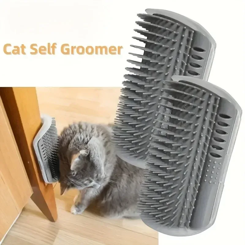 grey cat using a cat corner self groomer on a door frame