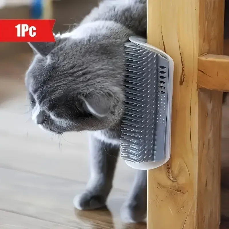 grey cat rubbing its face on the corner groomer
