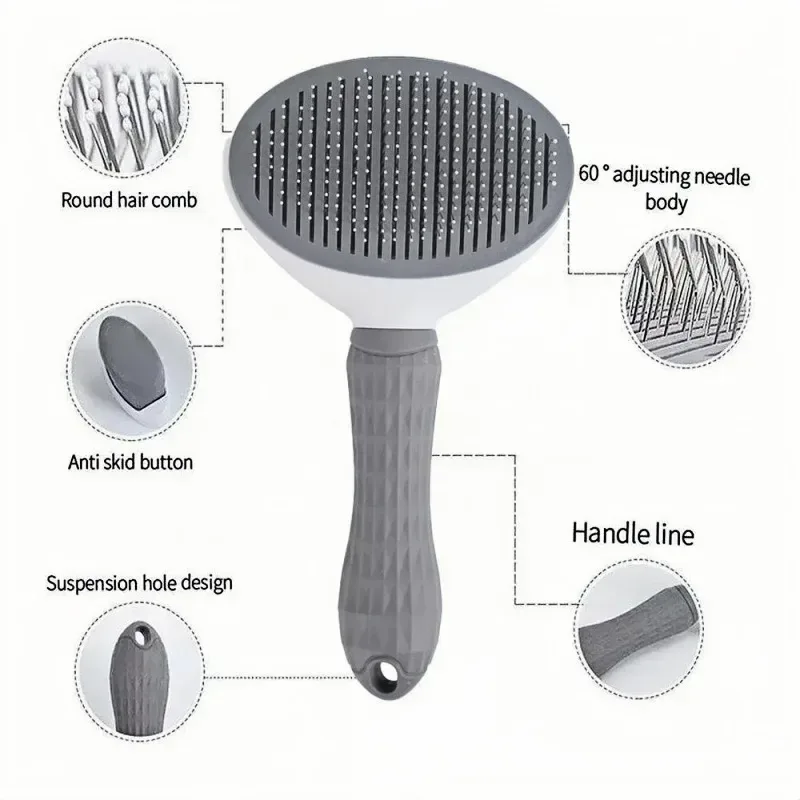 self cleaning slicker brush details: angled pins, button, handle and hanging hole