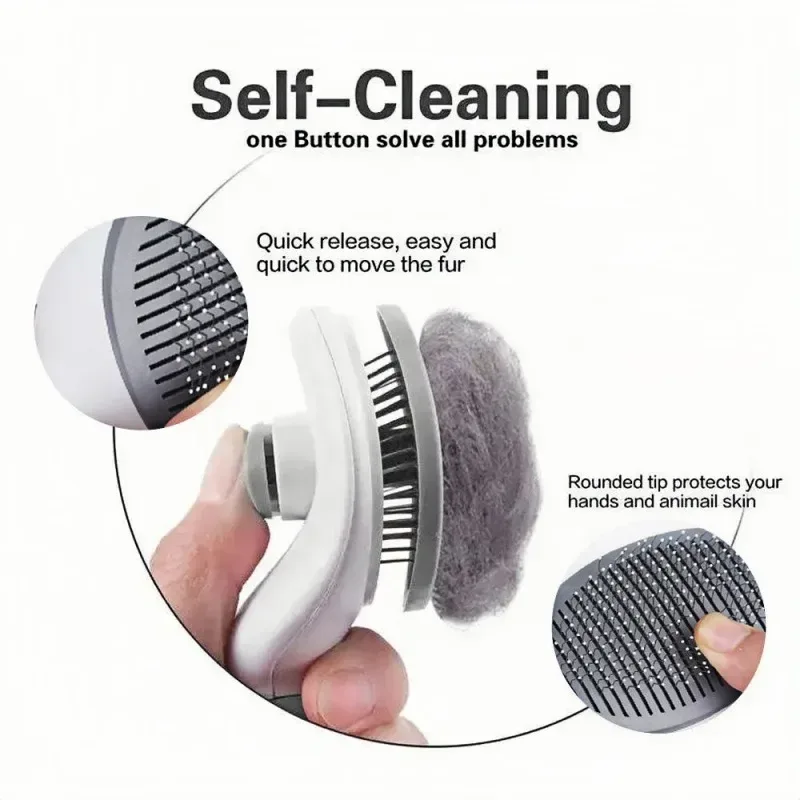 pressing the button releases fur from the self cleaning slicker brush