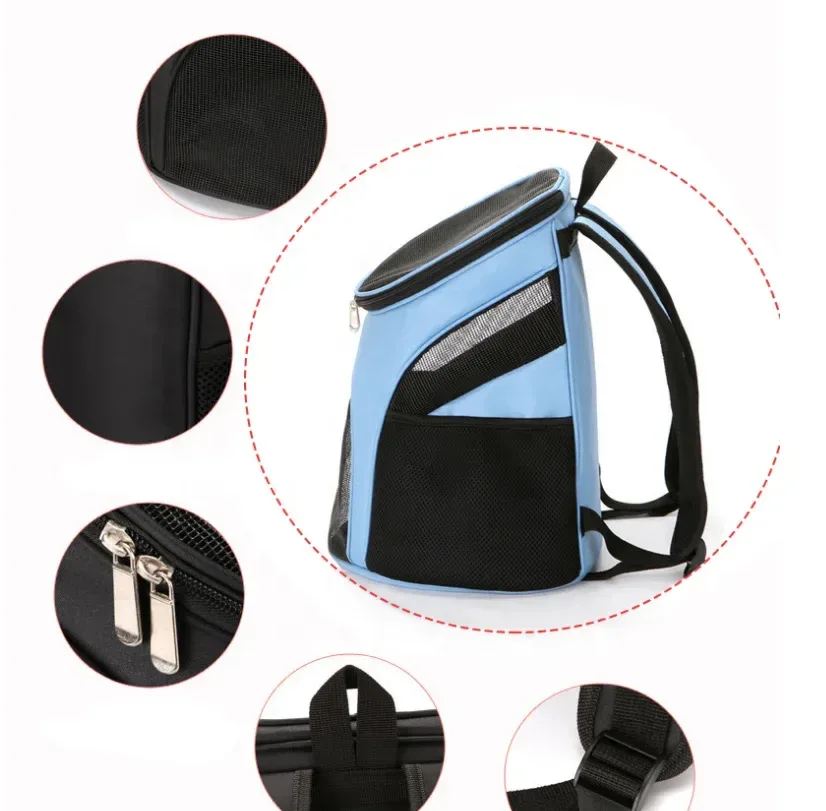 mesh panels, zips and straps of the pet backpack