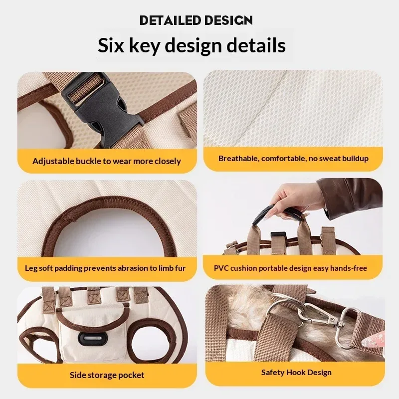 details of the dog sling carrier buckle, padding, handle, pocket and hook
