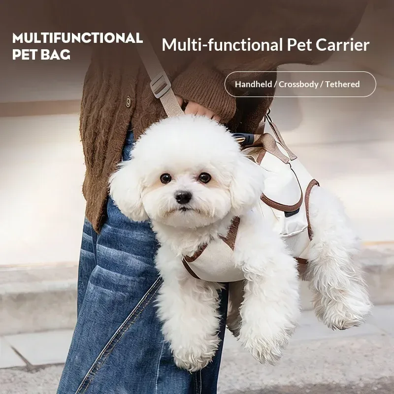 small dog carried in the sling carrier