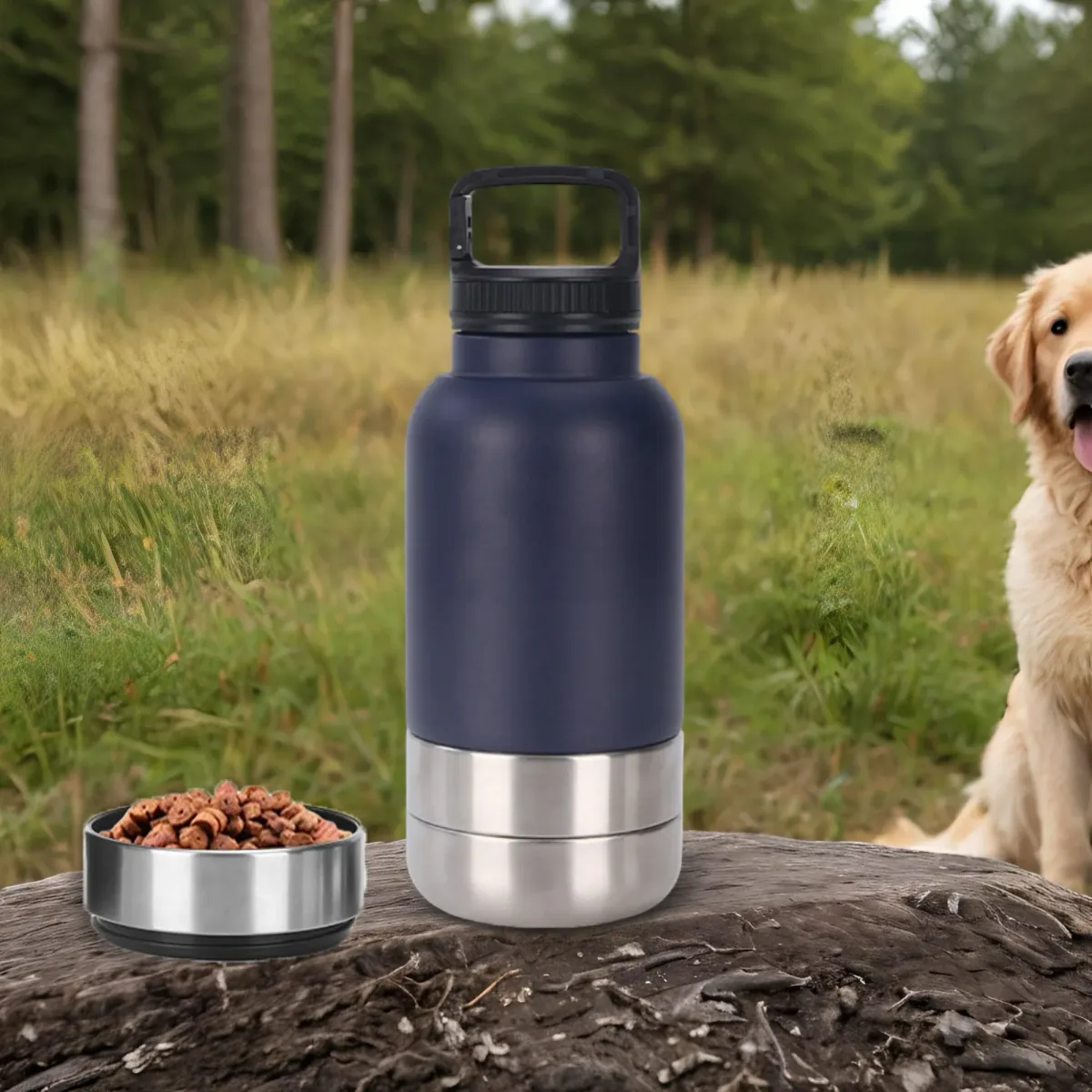 insulated dog bottle on a log outdoors with a dog