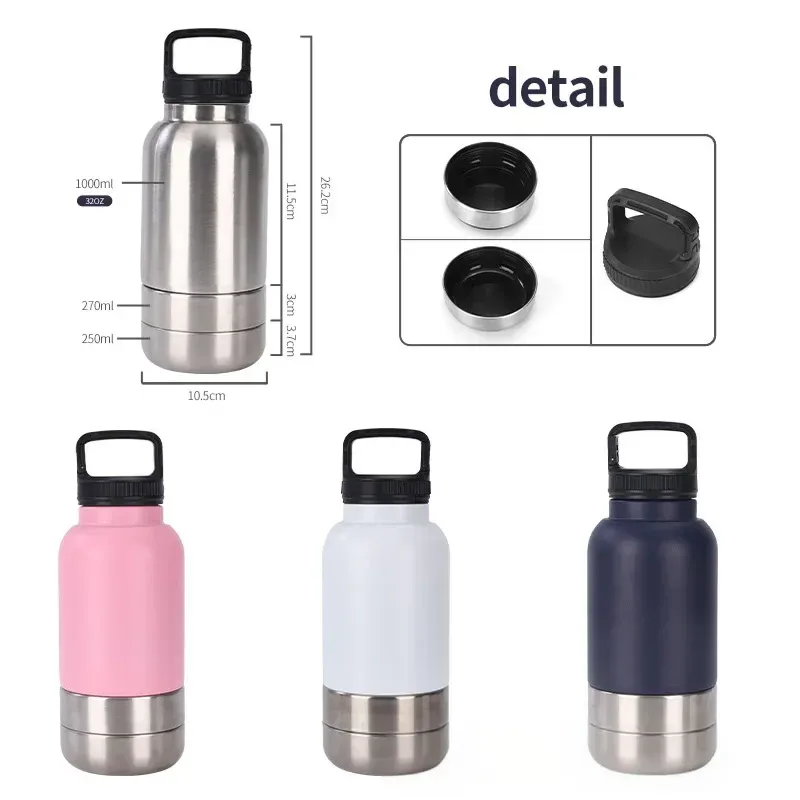 dog water bottle size 26.2 cm tall, 1000 ml bottle, 270 ml and 250 ml bowls